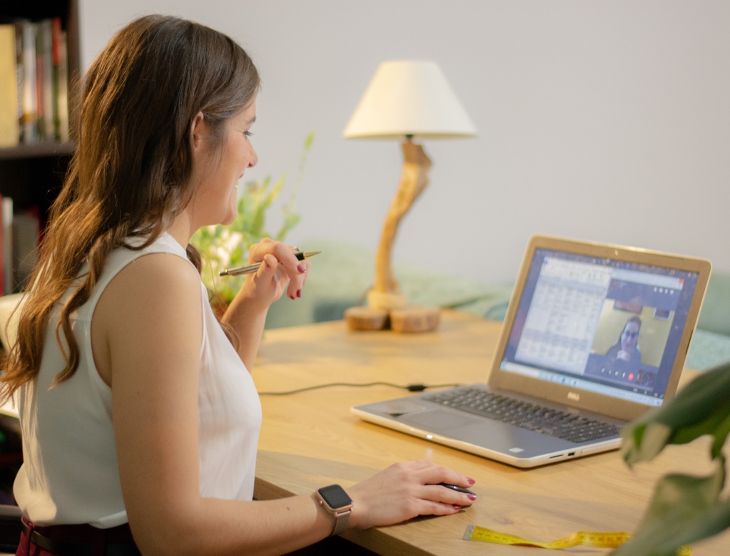 Ioanna Papatzani at her desk during an online meeting